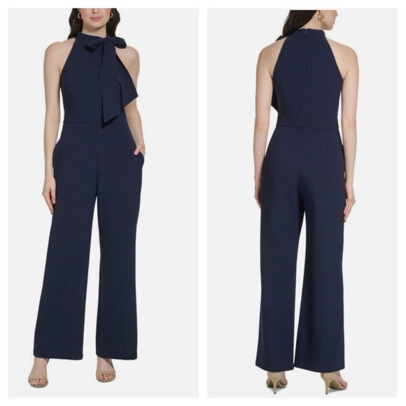 Vince Camuto Women's Signature Stretch Crepe Bow-Neck Halter Jumpsuit Navy sz 14 - Picture 1 of 14